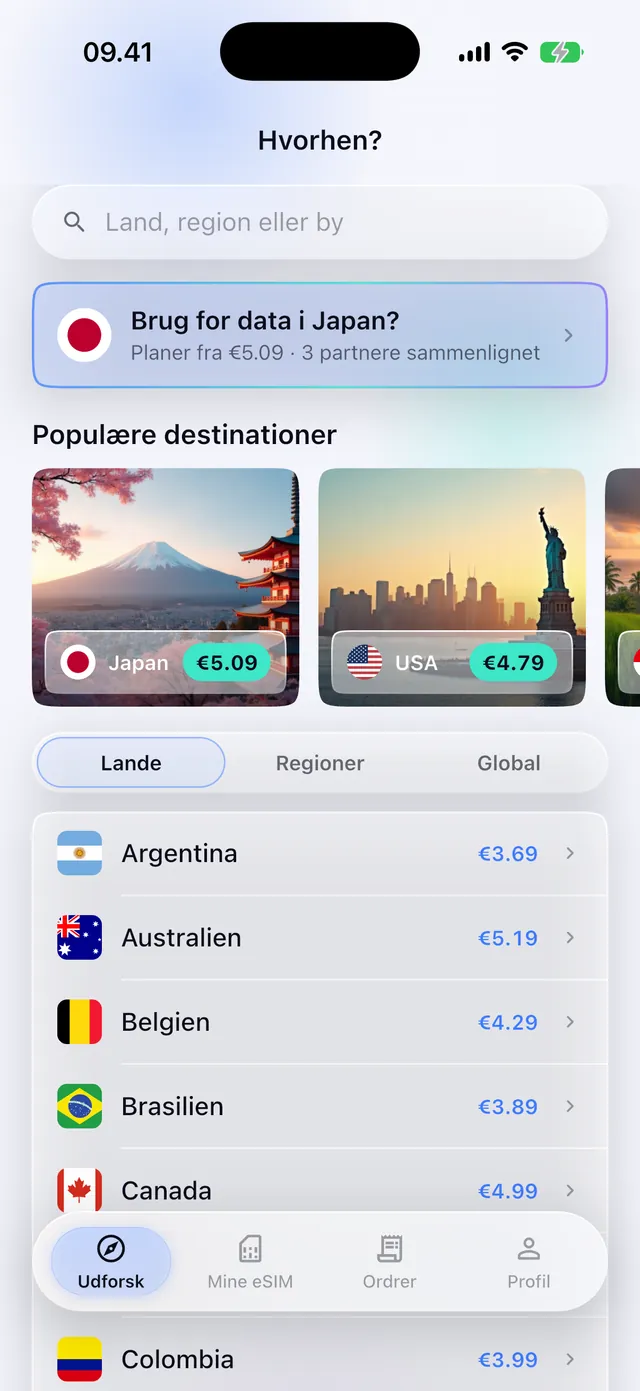 Gennemse eSIM-planer efter land i SimFuse-appen