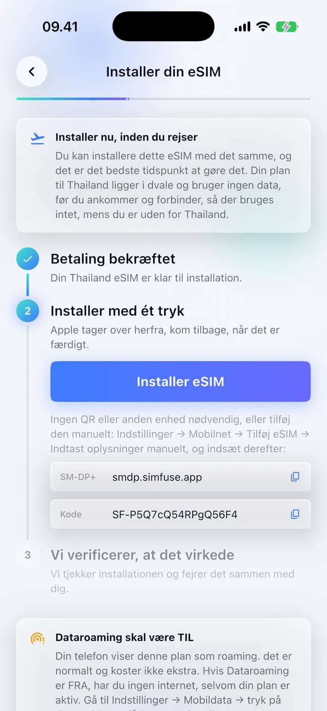 Installation af et eSIM med ét tryk i SimFuse-appen