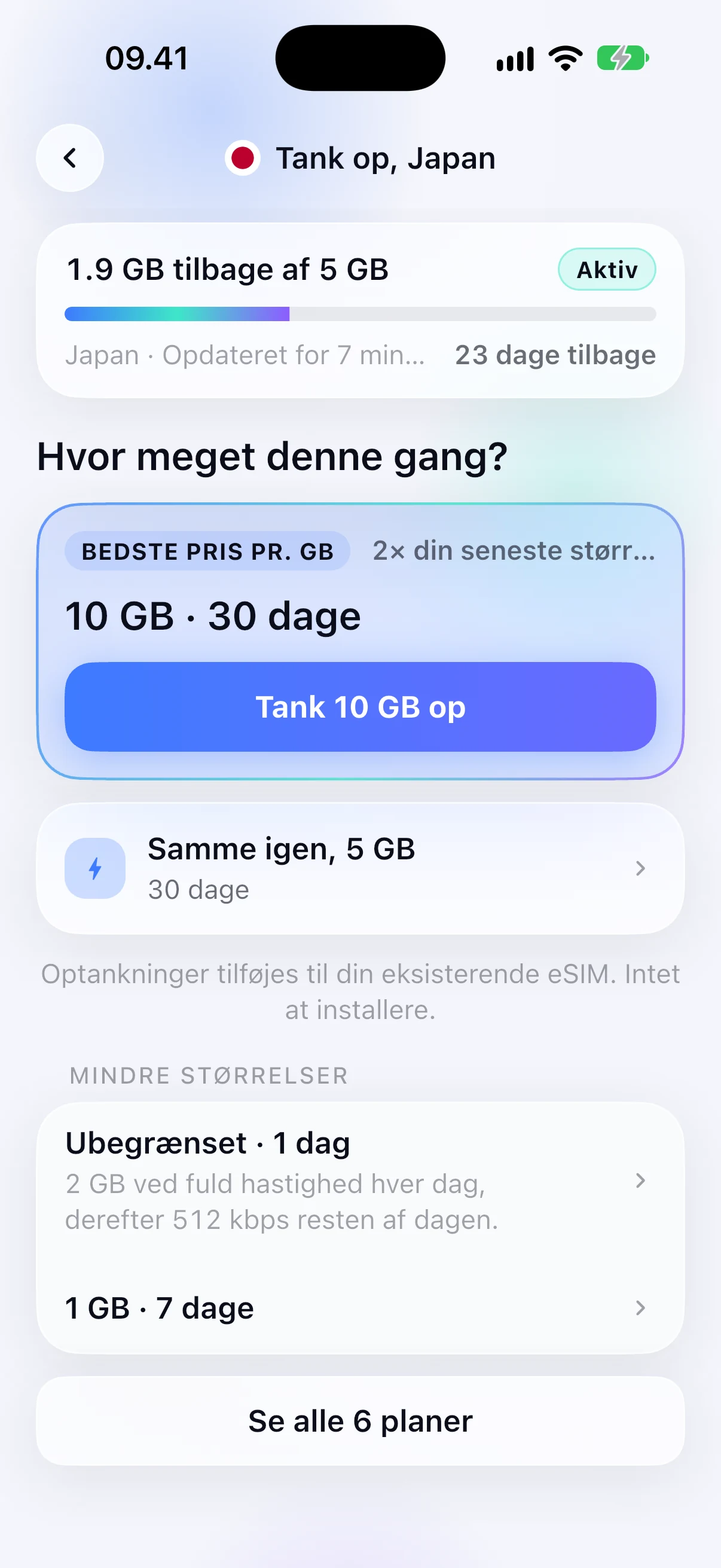 Optankningsmuligheder for et eSIM, der allerede er installeret