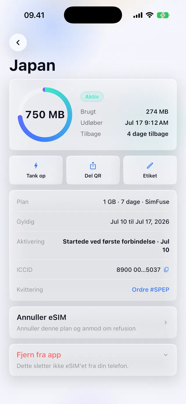 Live dataforbrug for et aktivt eSIM i SimFuse-appen