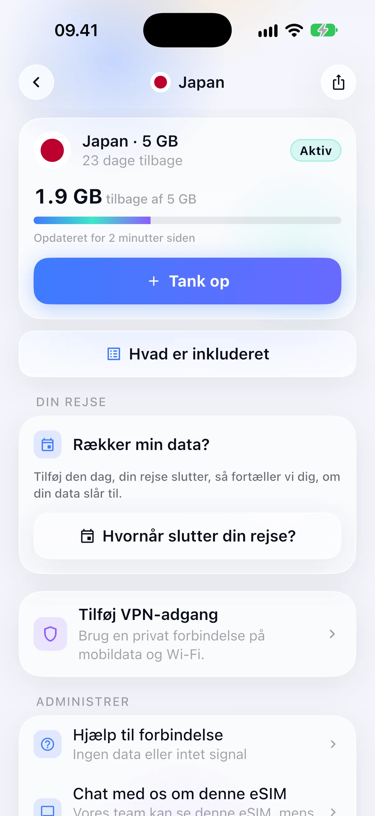 Resterende data på et aktivt eSIM i SimFuse-appen