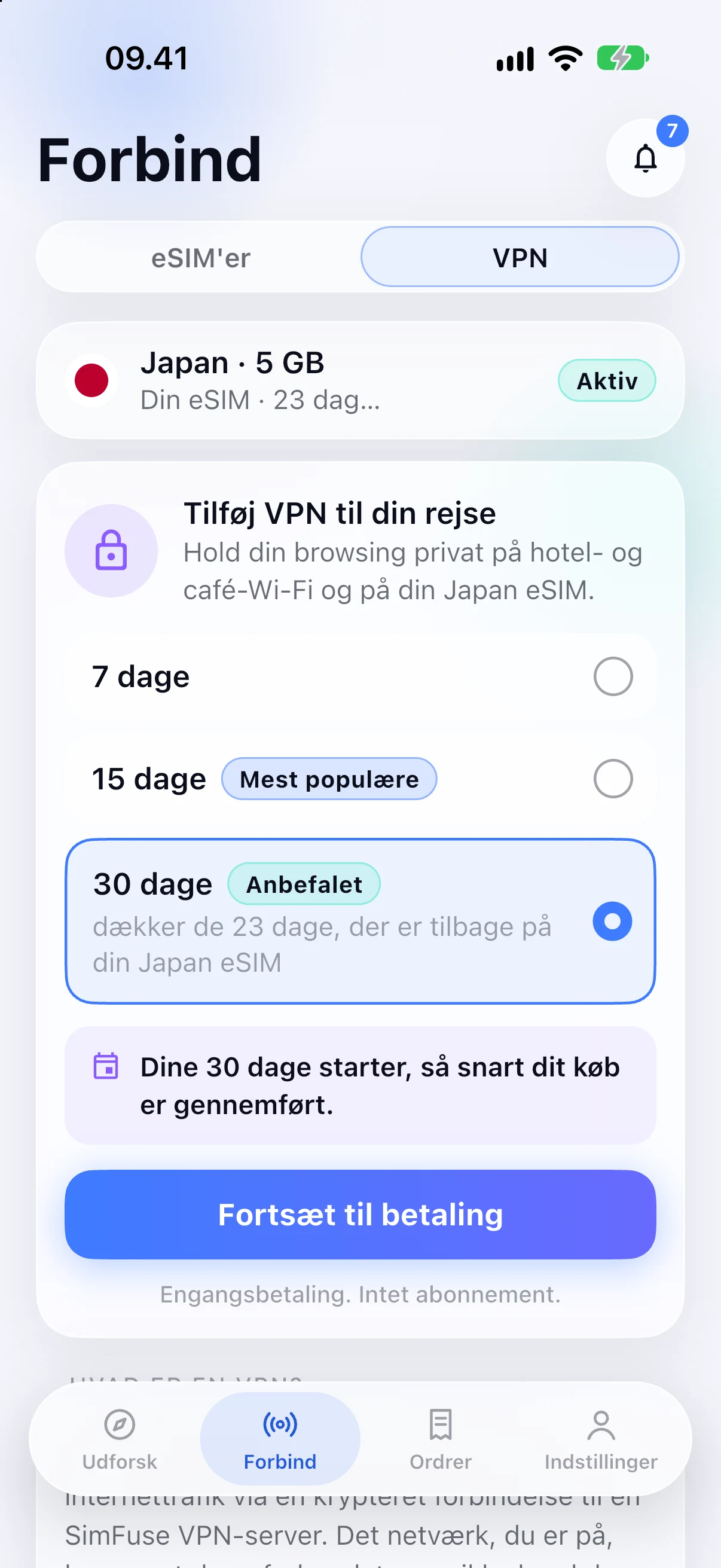 Tilføjelse af et VPN til et Japan-eSIM i SimFuse-appen