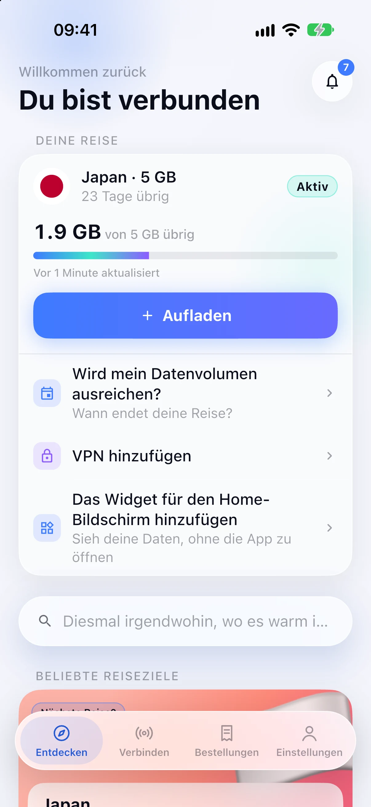 Reiseziel-Suche in der SimFuse-App