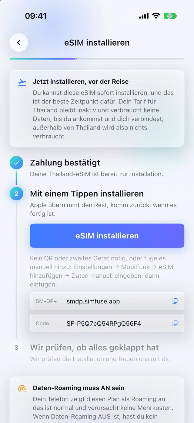 Installieren einer eSIM mit einem Tippen in der SimFuse-App