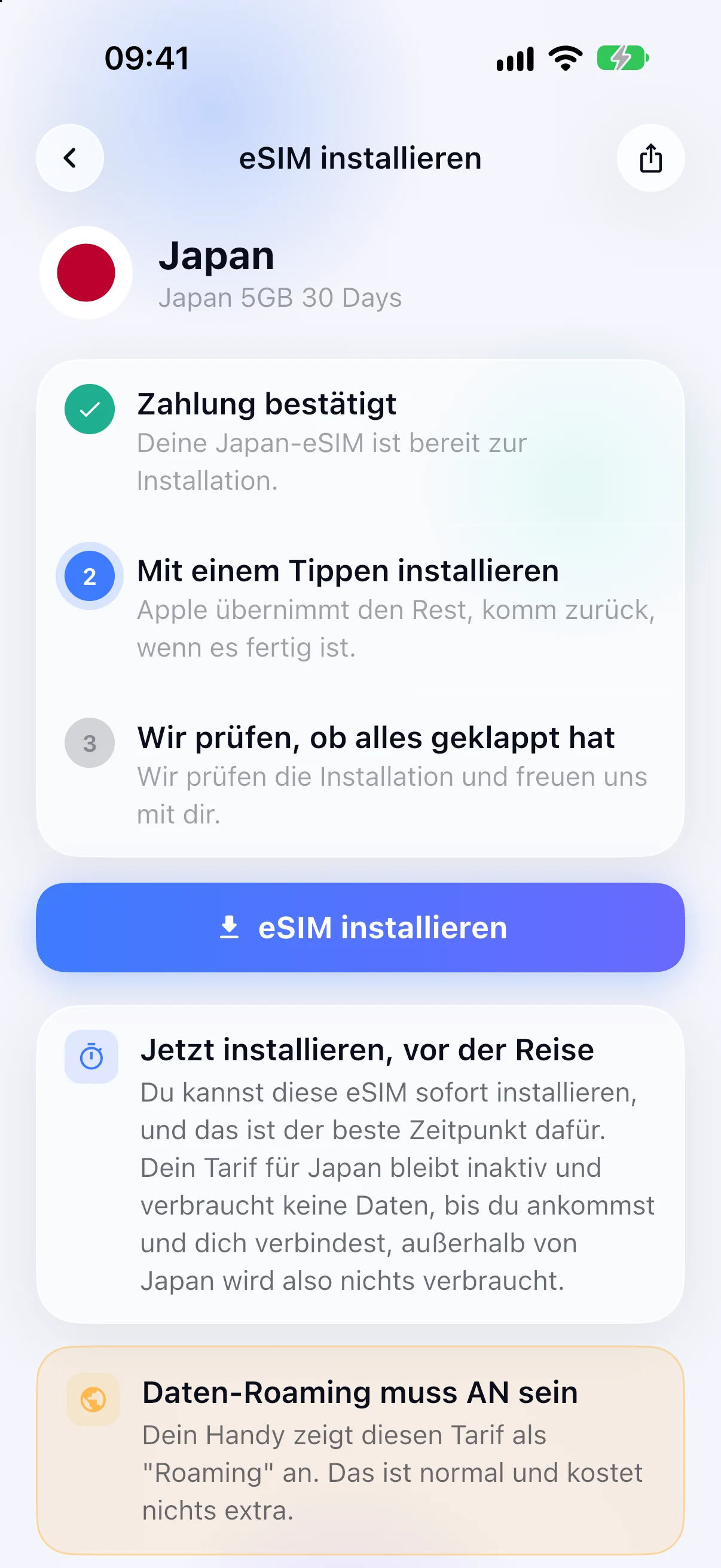 Geführte eSIM-Installation in der SimFuse-App