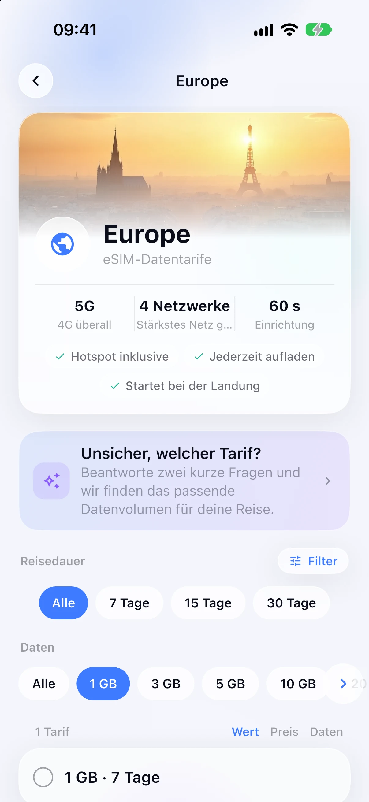 Regionale eSIM-Tarife für Europa in der SimFuse-App