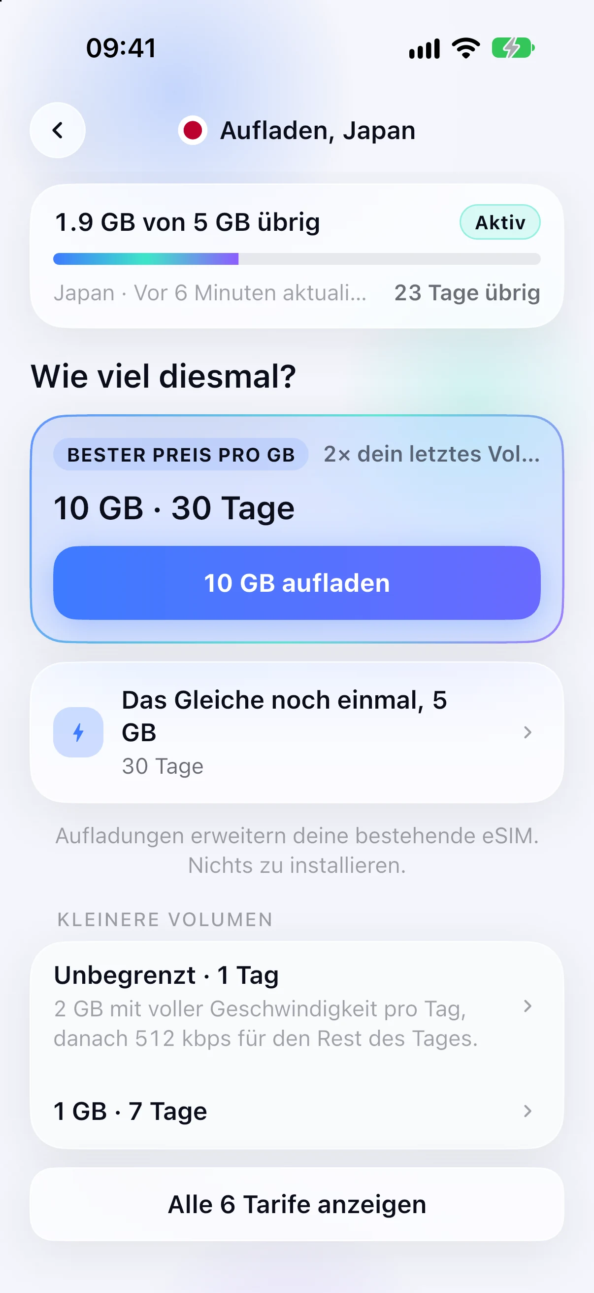 Aufladeoptionen für eine bereits installierte eSIM