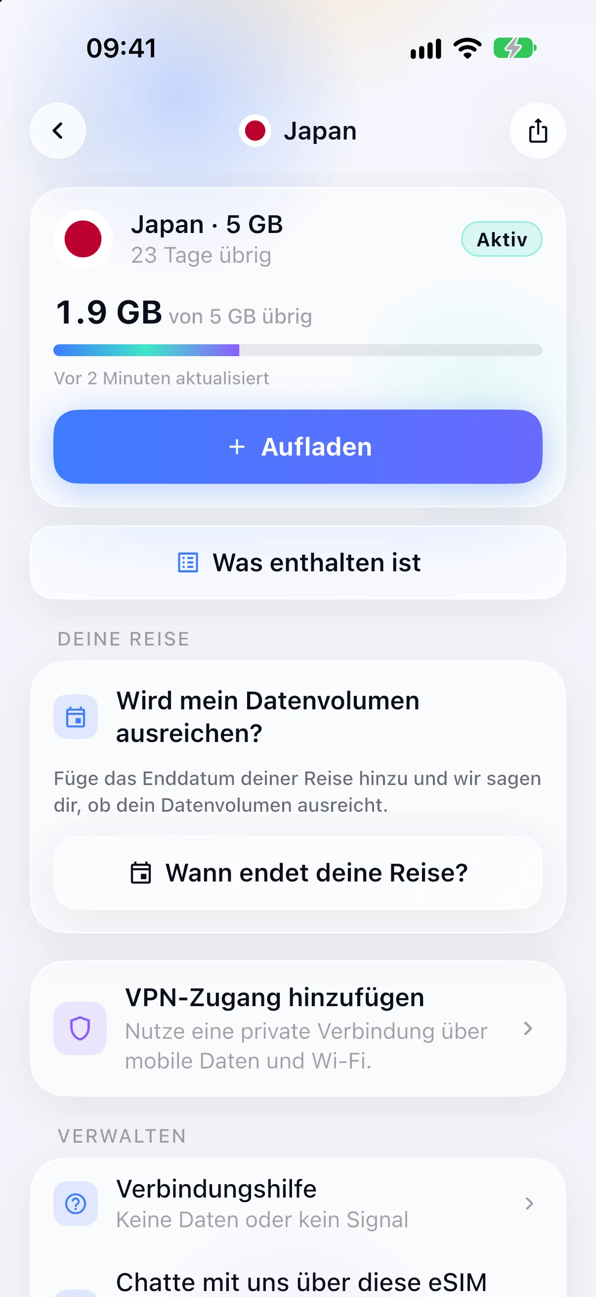 Verbleibendes Datenvolumen einer aktiven eSIM in der SimFuse-App