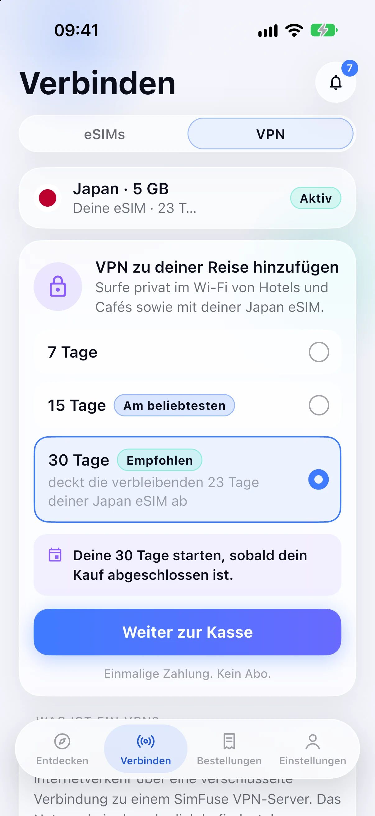Hinzufügen eines VPN zu einer Japan-eSIM in der SimFuse-App