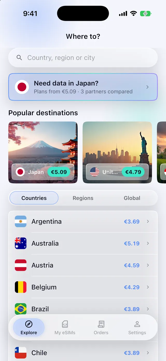Browsing eSIM plans by country in the SimFuse app