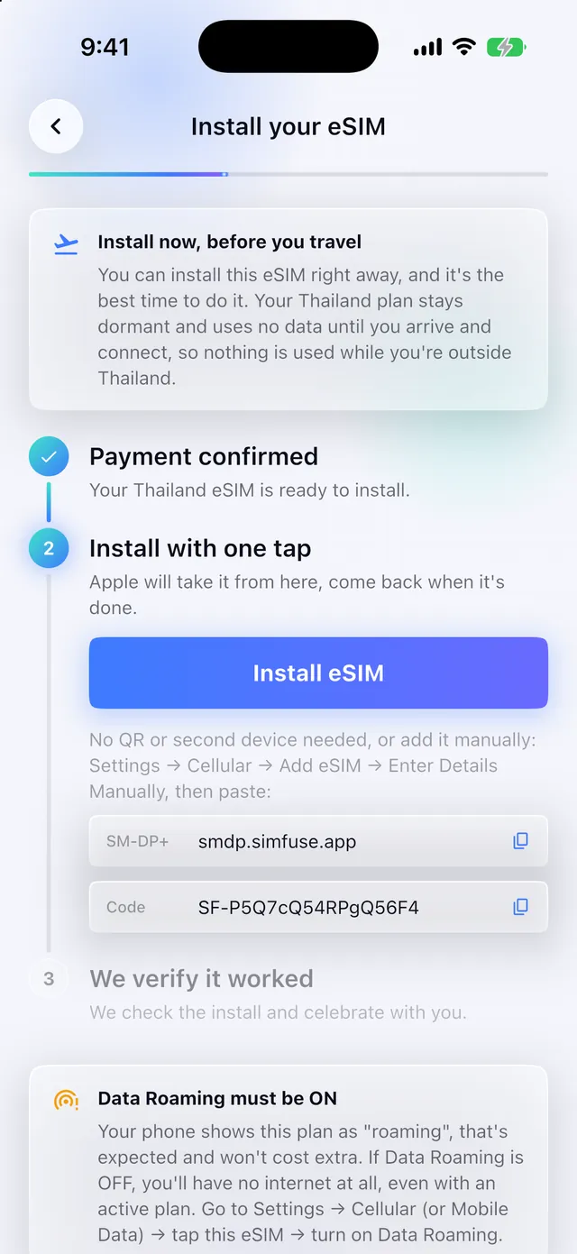 Installing an eSIM with one tap in the SimFuse app