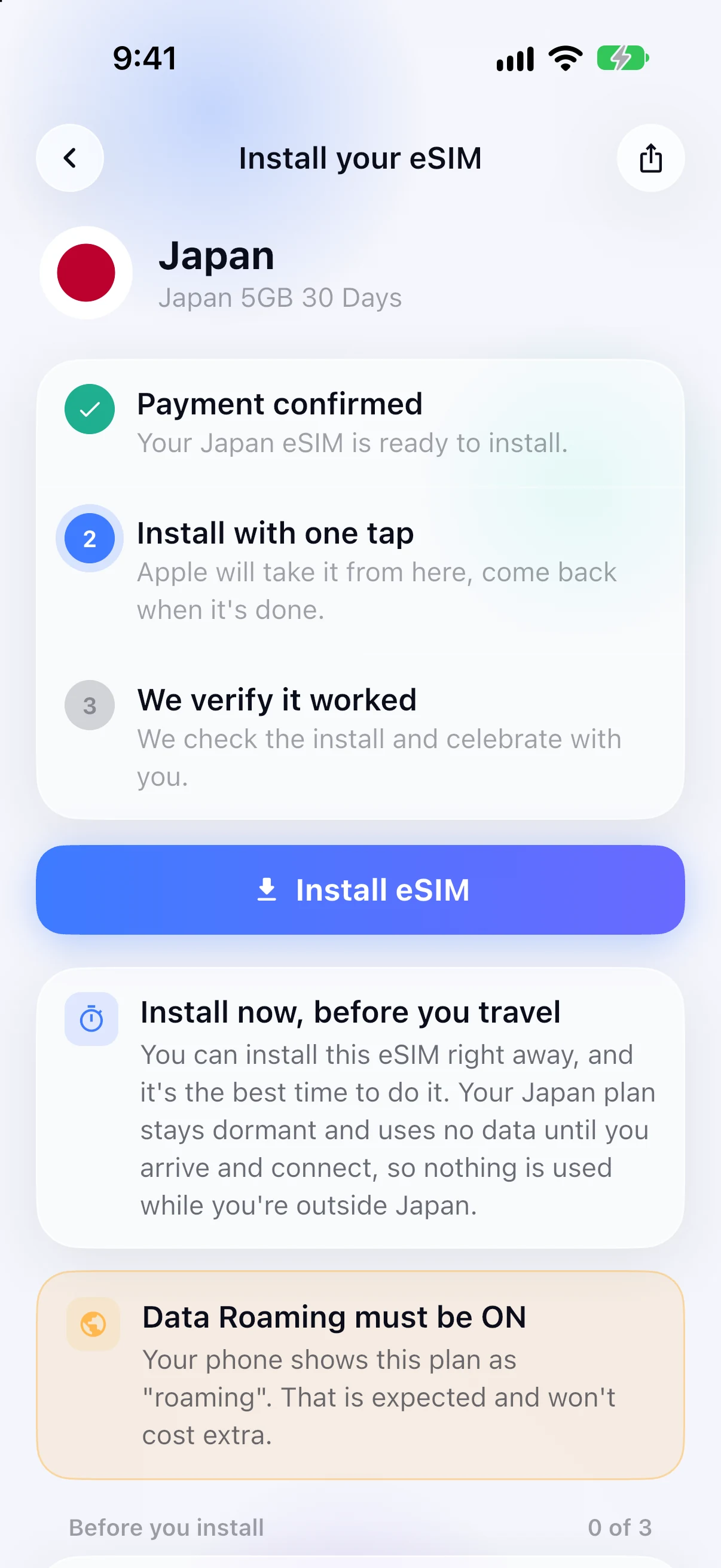Guided eSIM install in the SimFuse app
