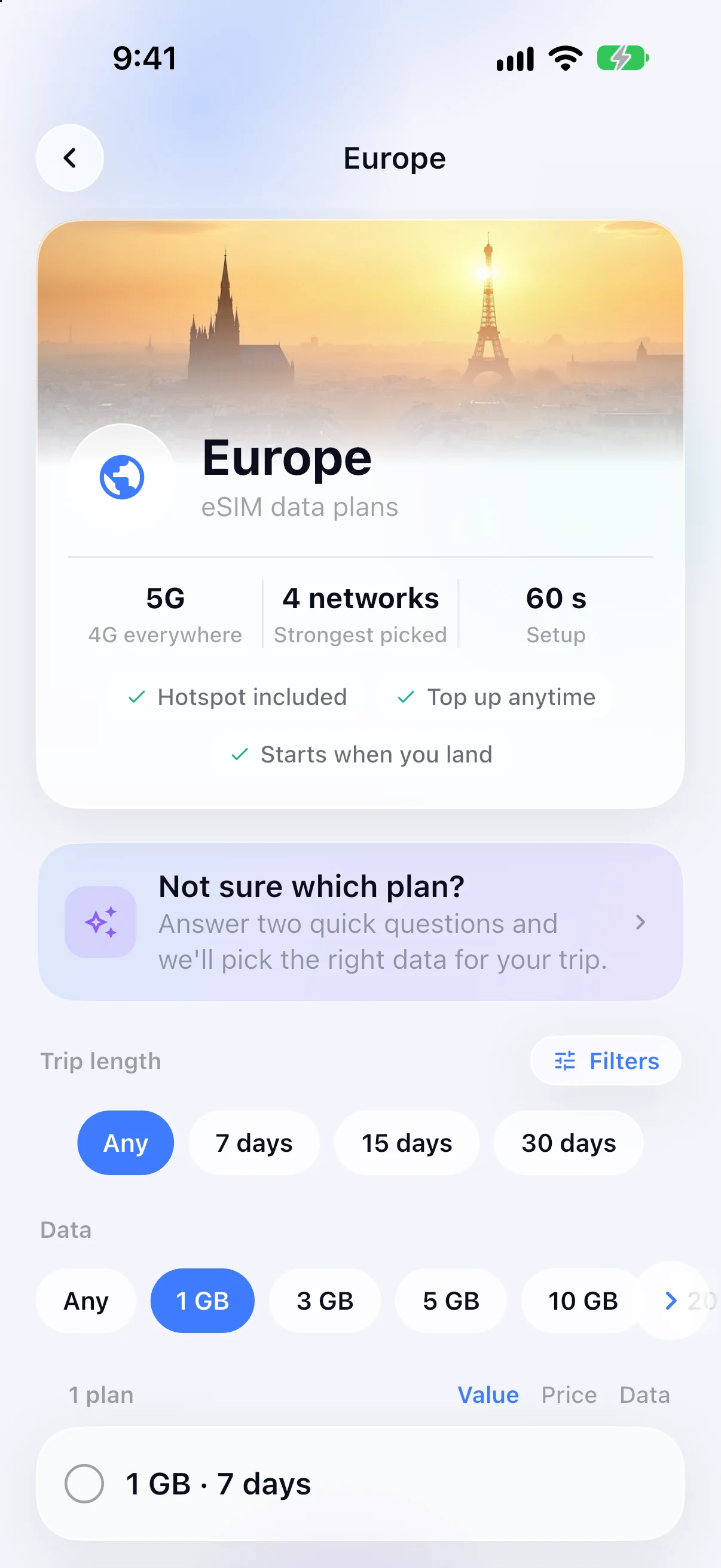 Regional eSIM plans for Europe in the SimFuse app
