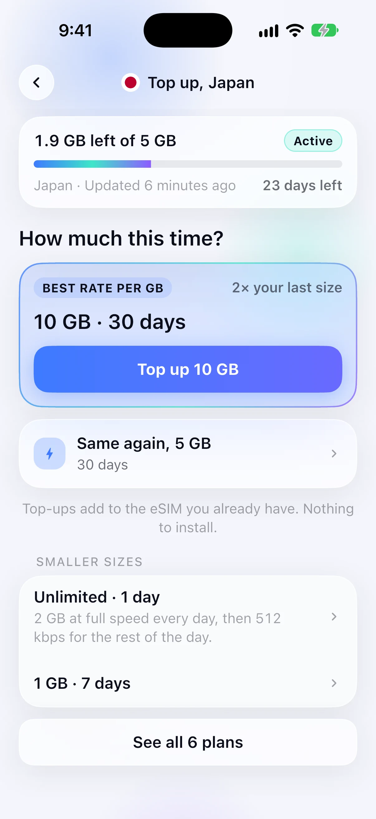 Top-up options for an eSIM that is already installed