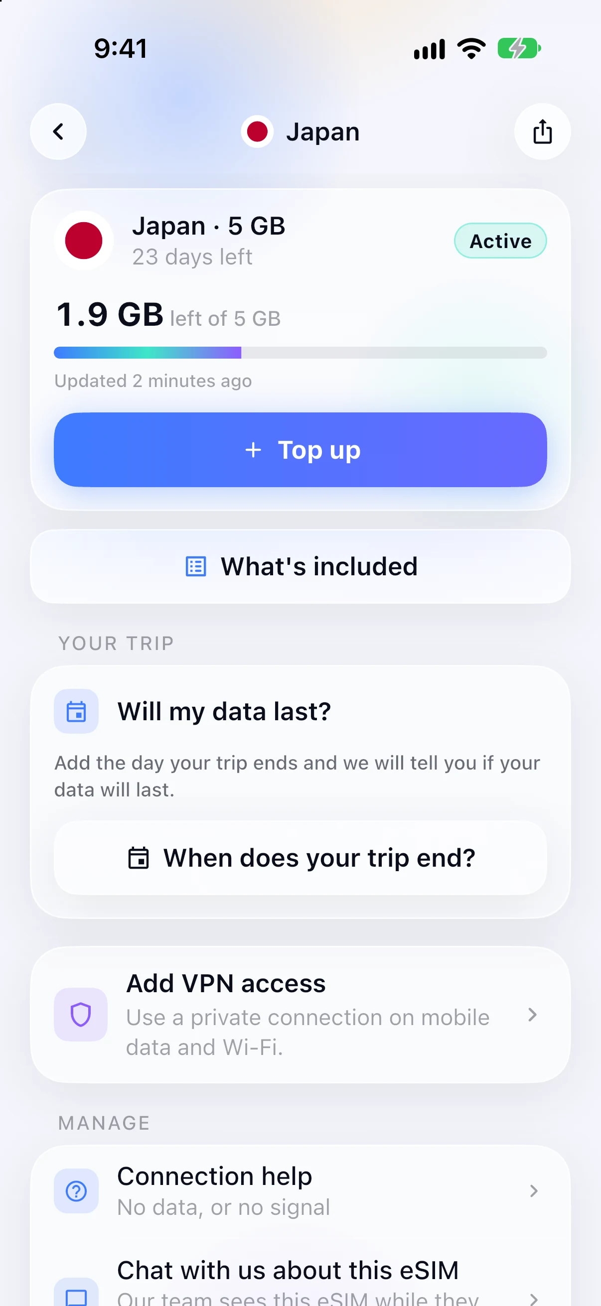 Data left on an active eSIM in the SimFuse app