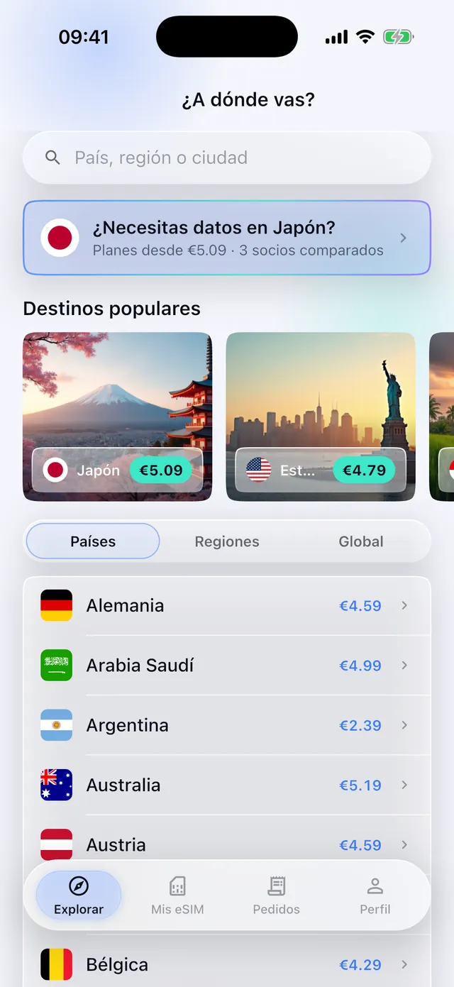 Explorando planes de eSIM por país en la app SimFuse