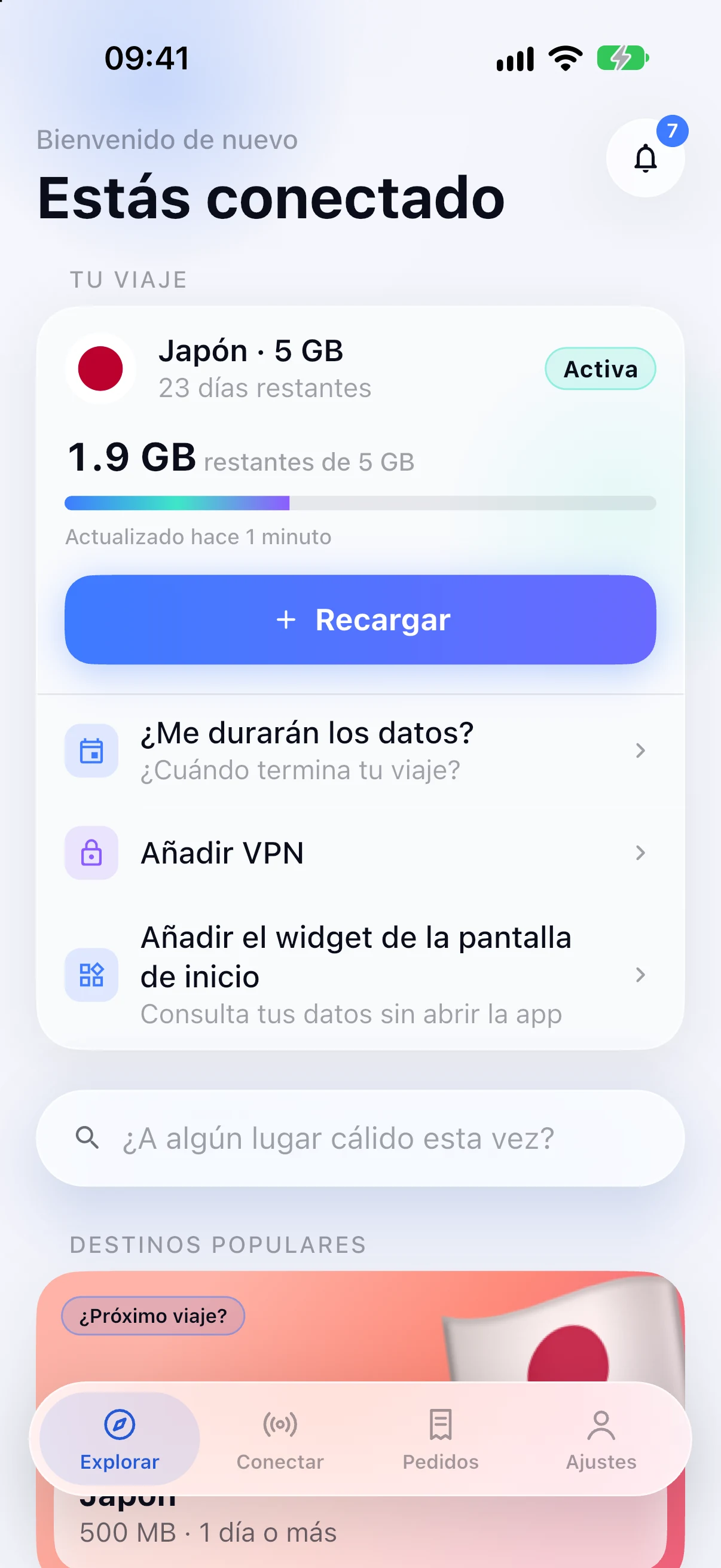 Búsqueda de destinos en la app SimFuse