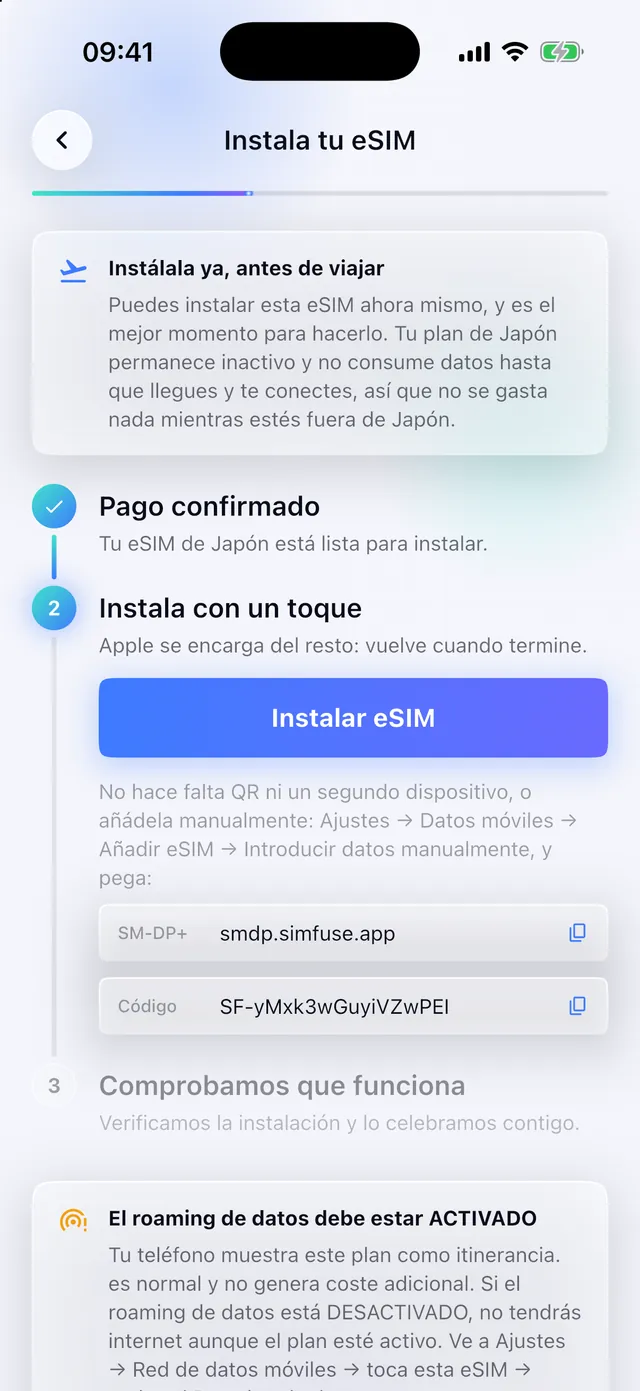 Instalando una eSIM con un solo toque en la app SimFuse
