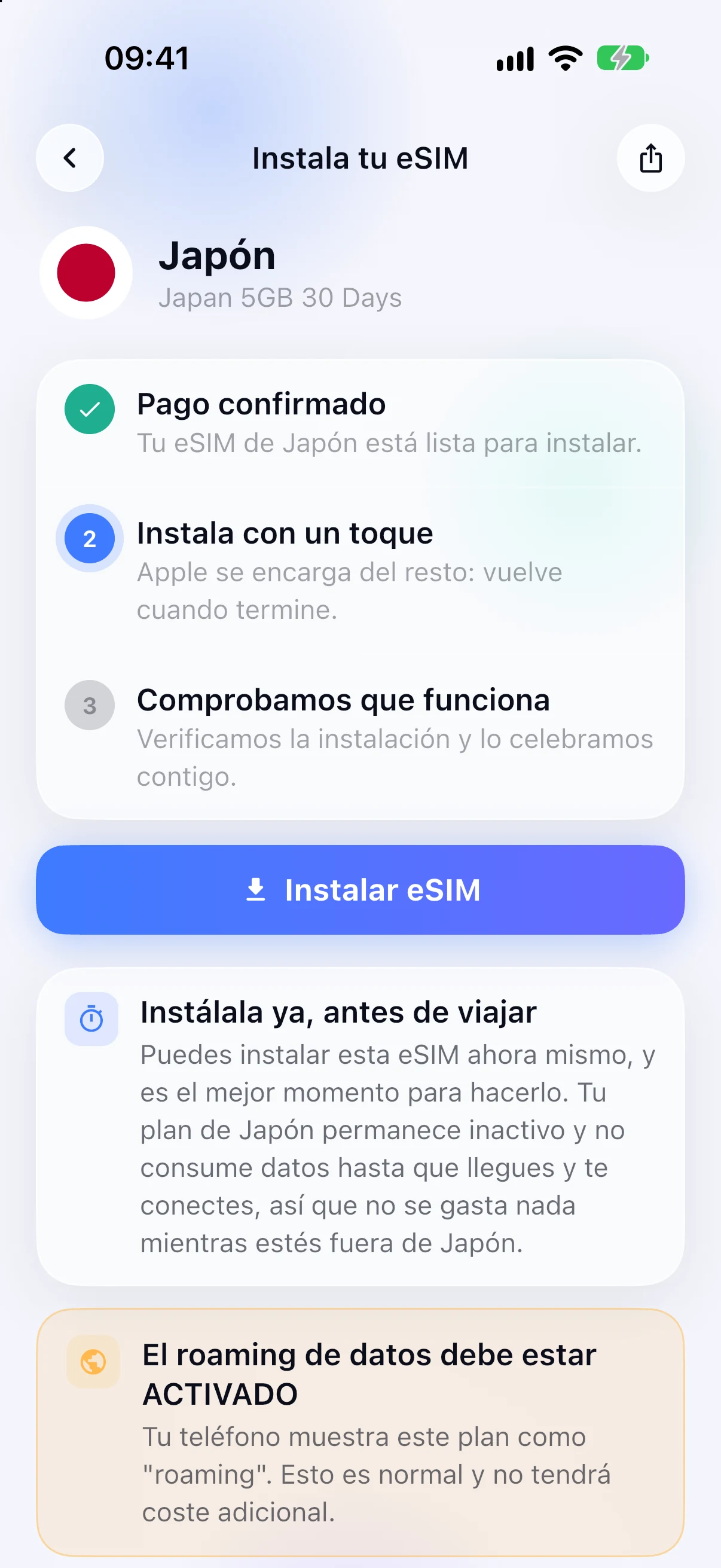 Instalación guiada de eSIM en la app SimFuse