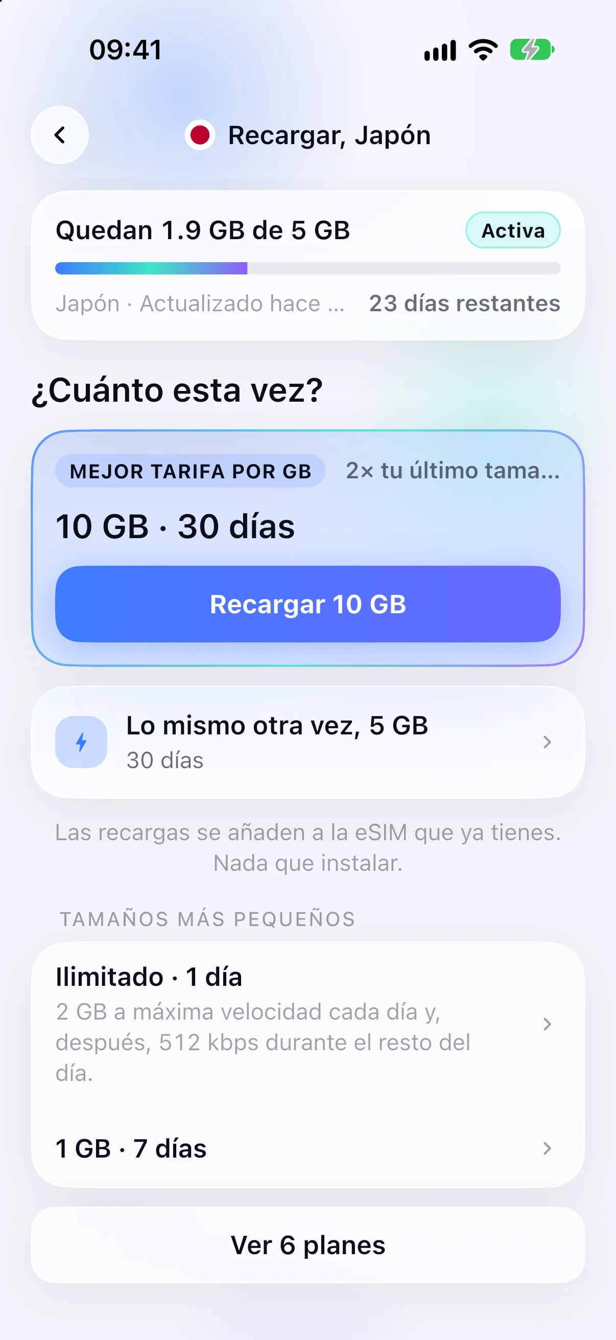 Opciones de recarga para una eSIM ya instalada