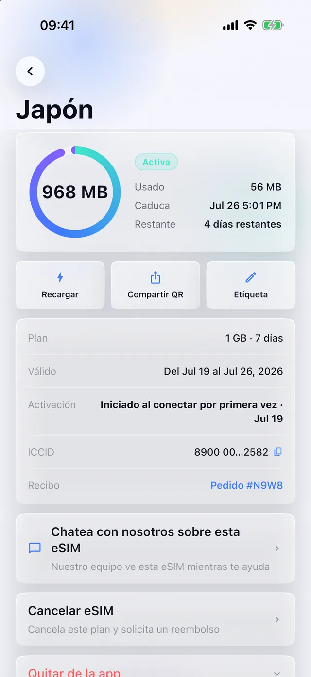 Consumo de datos en tiempo real para una eSIM activa en la app SimFuse