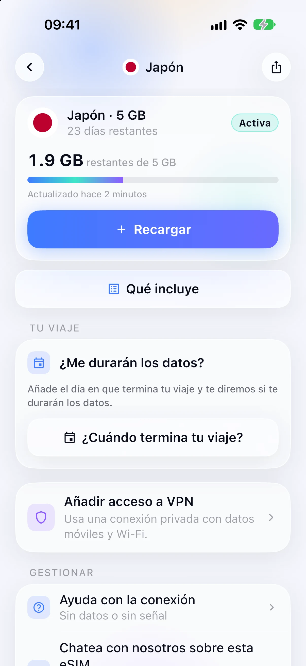 Datos restantes en una eSIM activa en la app SimFuse