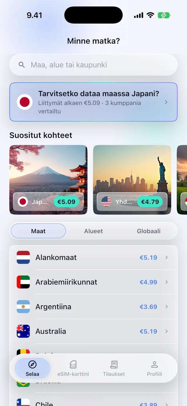 eSIM-pakettien selaaminen maittain SimFuse-sovelluksessa