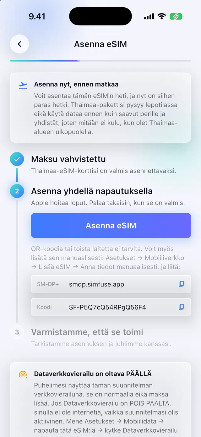 eSIMin asentaminen yhdellä napautuksella SimFuse-sovelluksessa