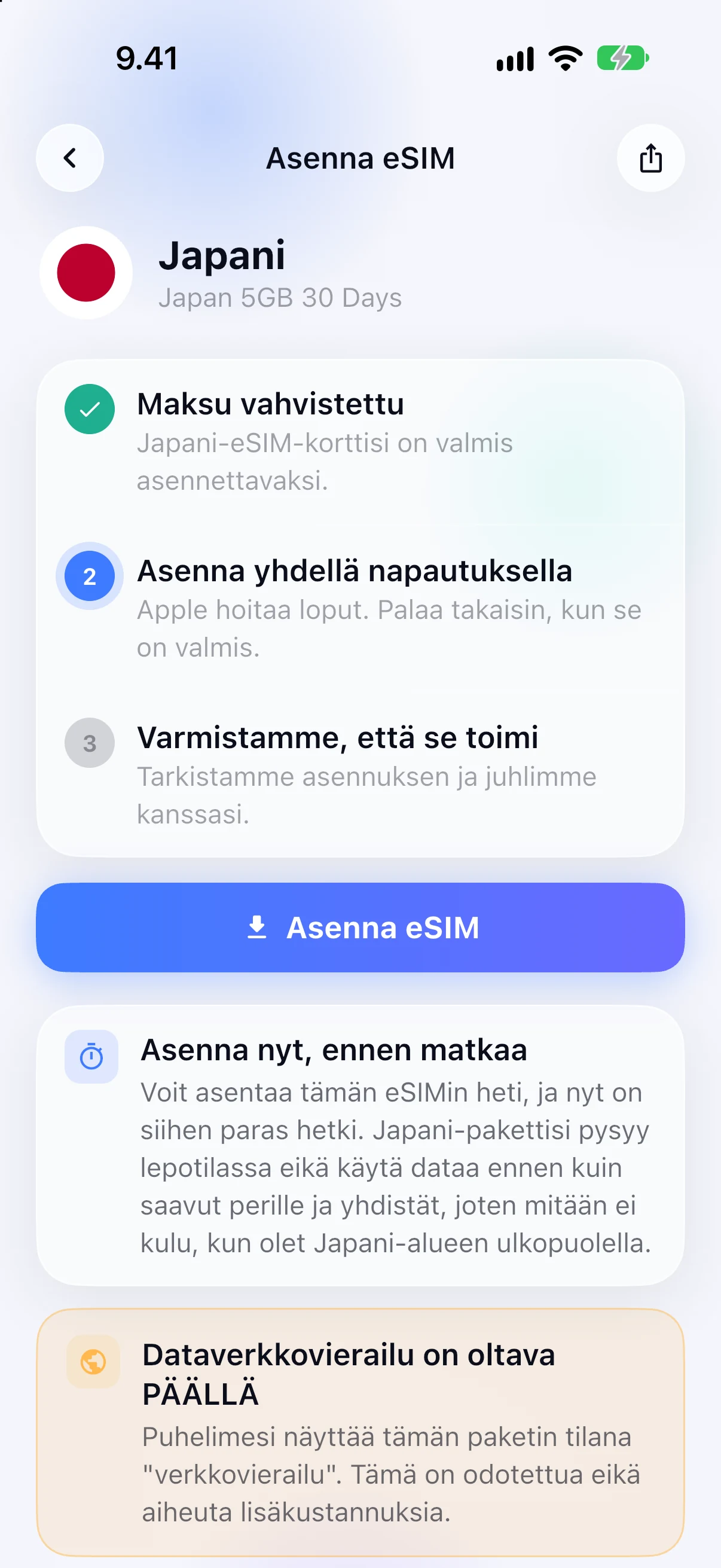 Opastettu eSIM-asennus SimFuse-sovelluksessa