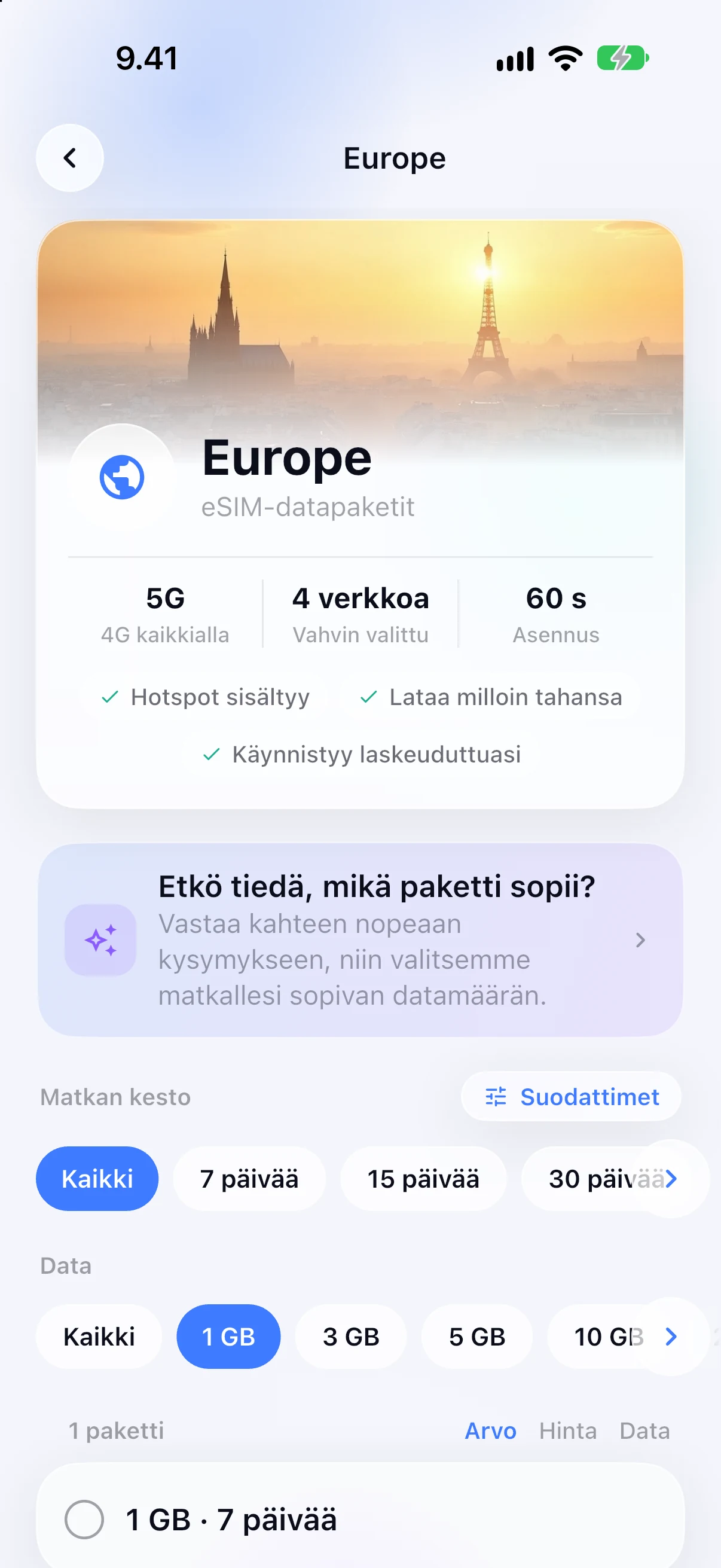 Alueelliset eSIM-liittymät Eurooppaan SimFuse-sovelluksessa
