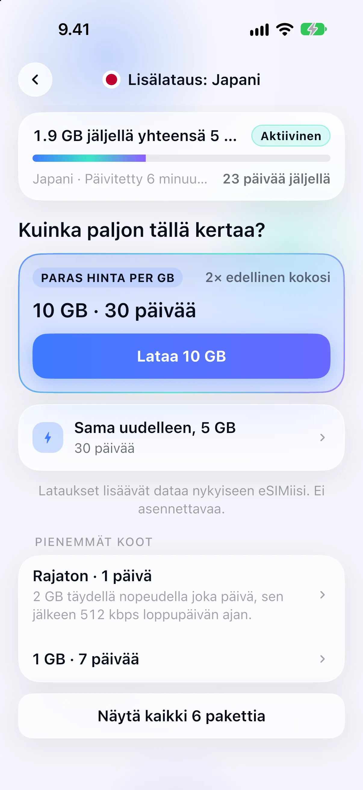 Lisädatan ostomahdollisuudet jo asennetulle eSIMille