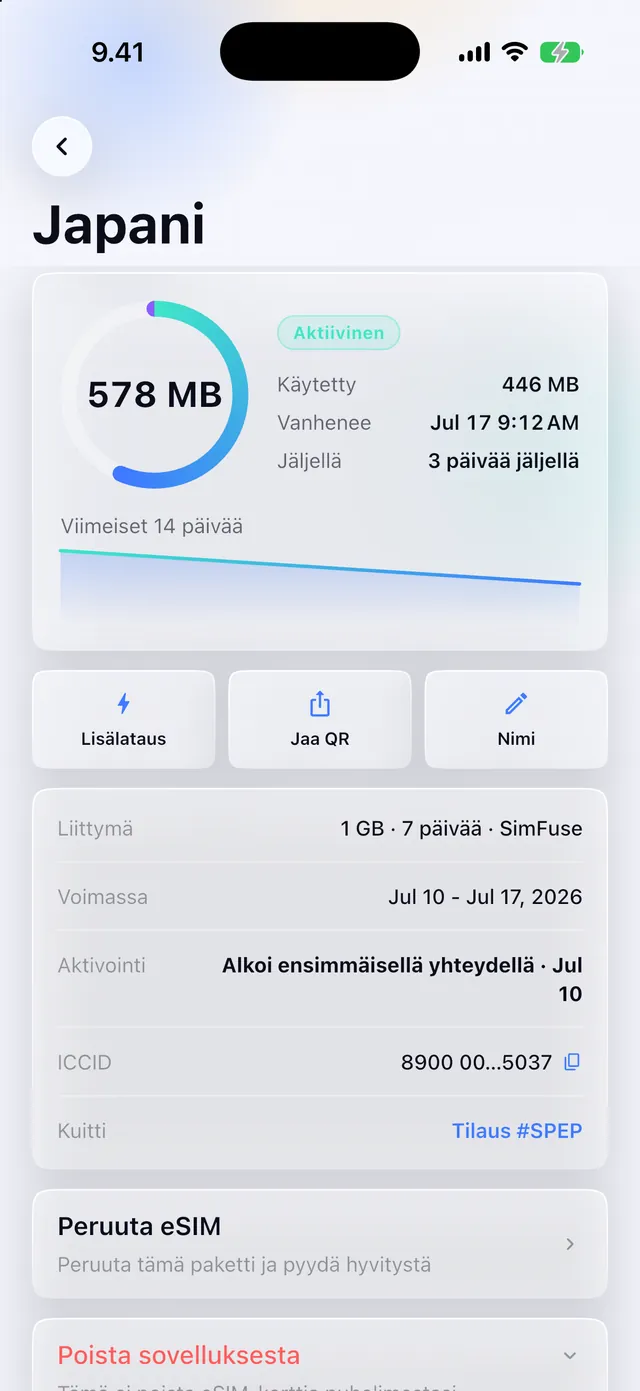 Aktiivisen eSIMin reaaliaikainen datankäyttö SimFuse-sovelluksessa