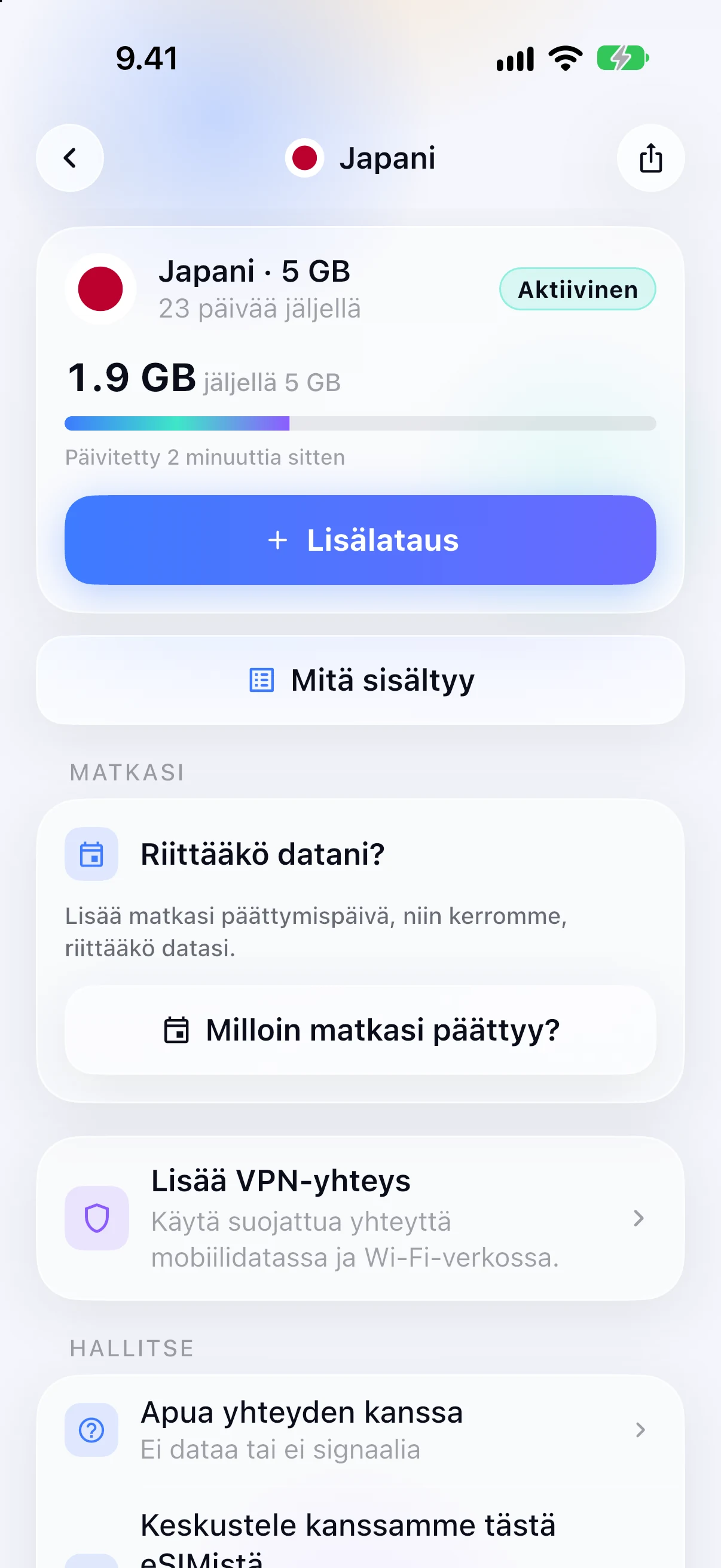 Aktiivisen eSIMin jäljellä oleva data SimFuse-sovelluksessa