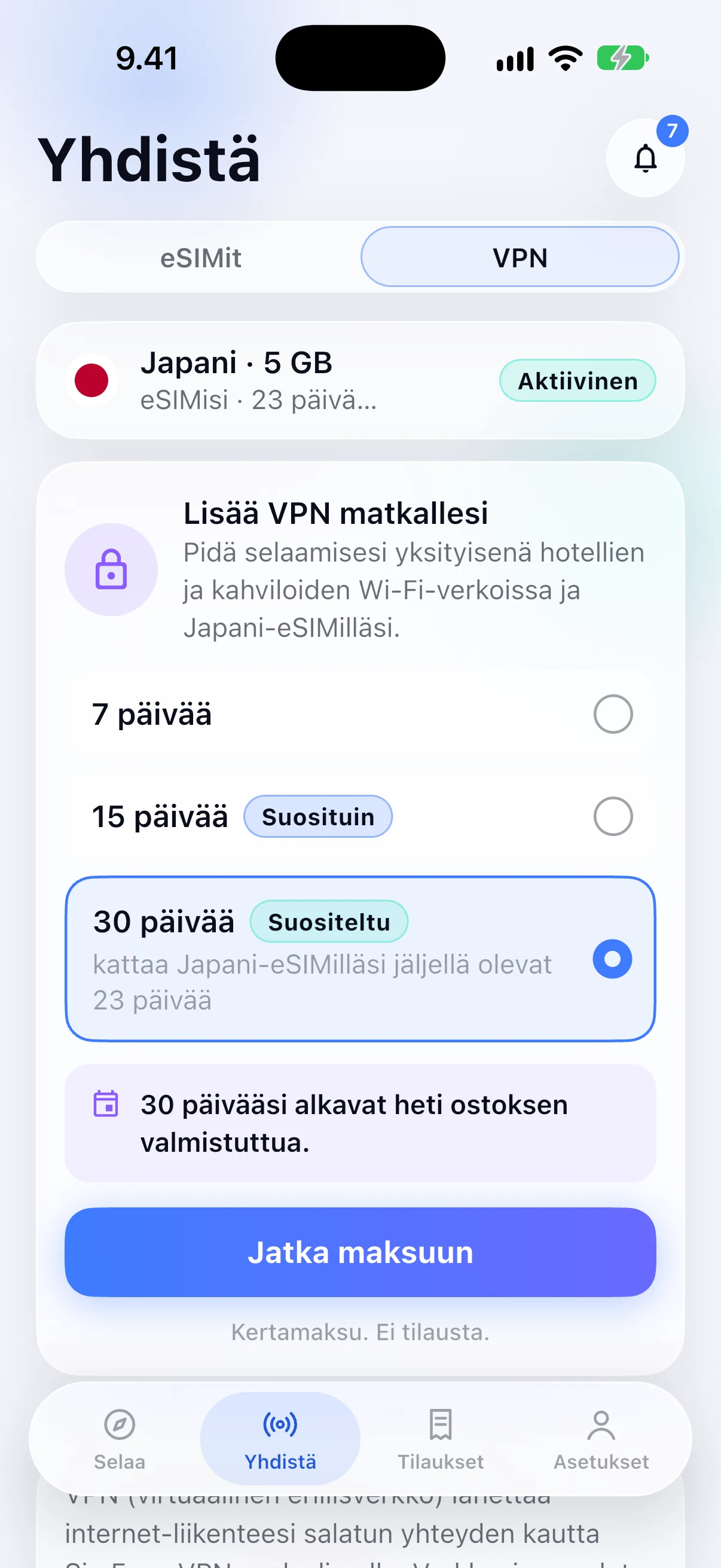 VPN:n lisääminen Japanin eSIMiin SimFuse-sovelluksessa