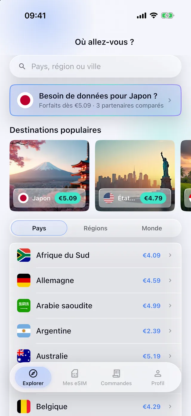 Parcourir les forfaits eSIM par pays dans l'application SimFuse