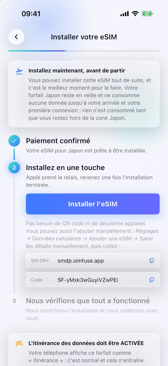 Installer une eSIM en un clic dans l'application SimFuse