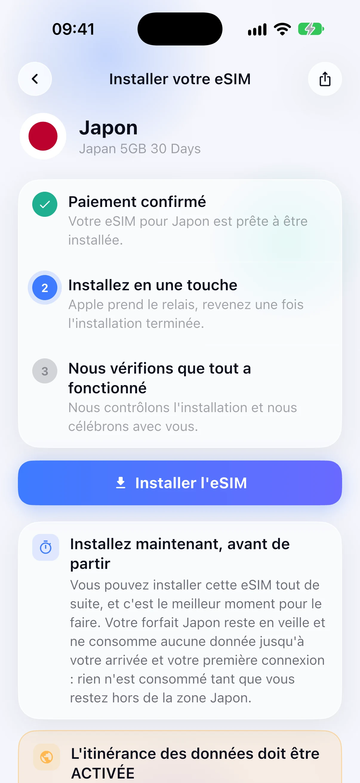 Installation guidée de l'eSIM dans l'application SimFuse
