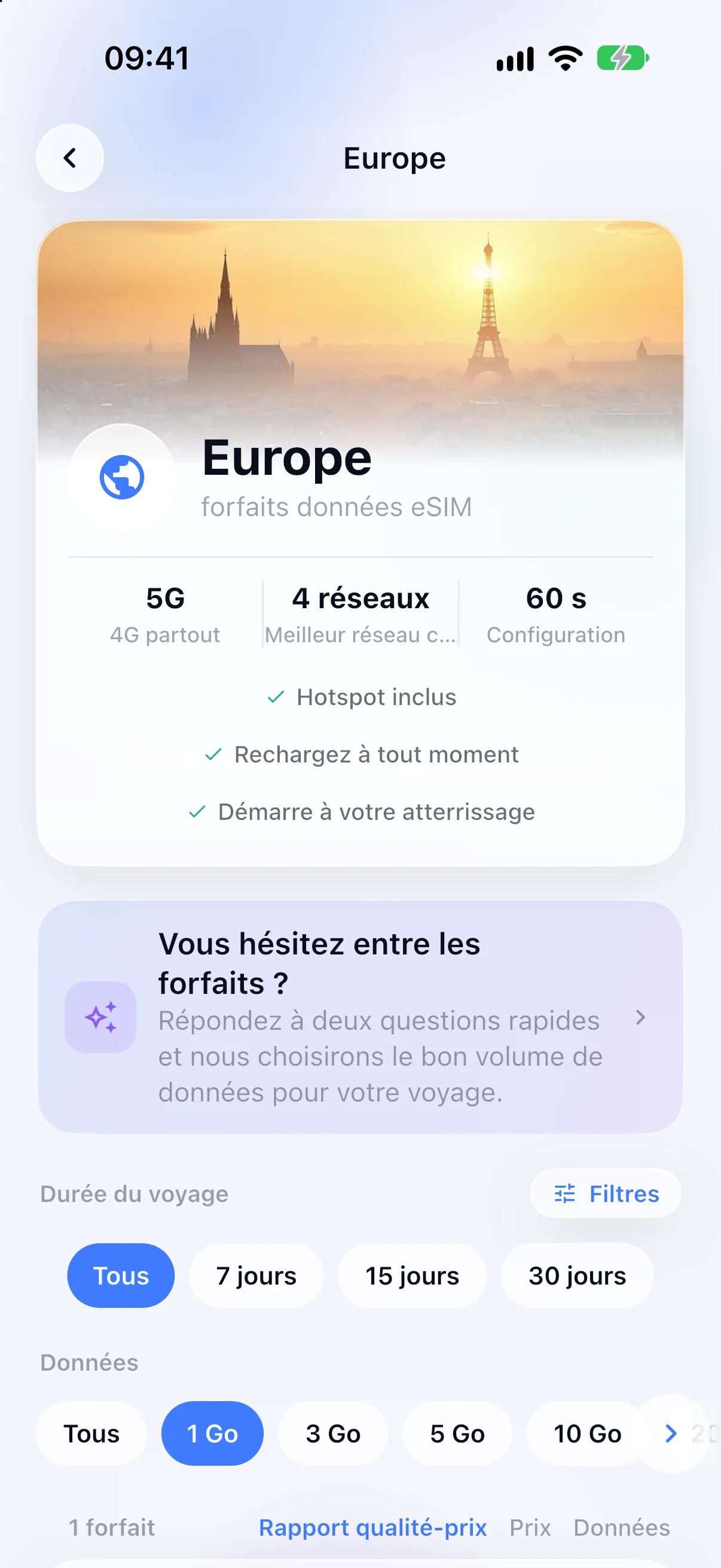 Forfaits eSIM régionaux pour l'Europe dans l'application SimFuse