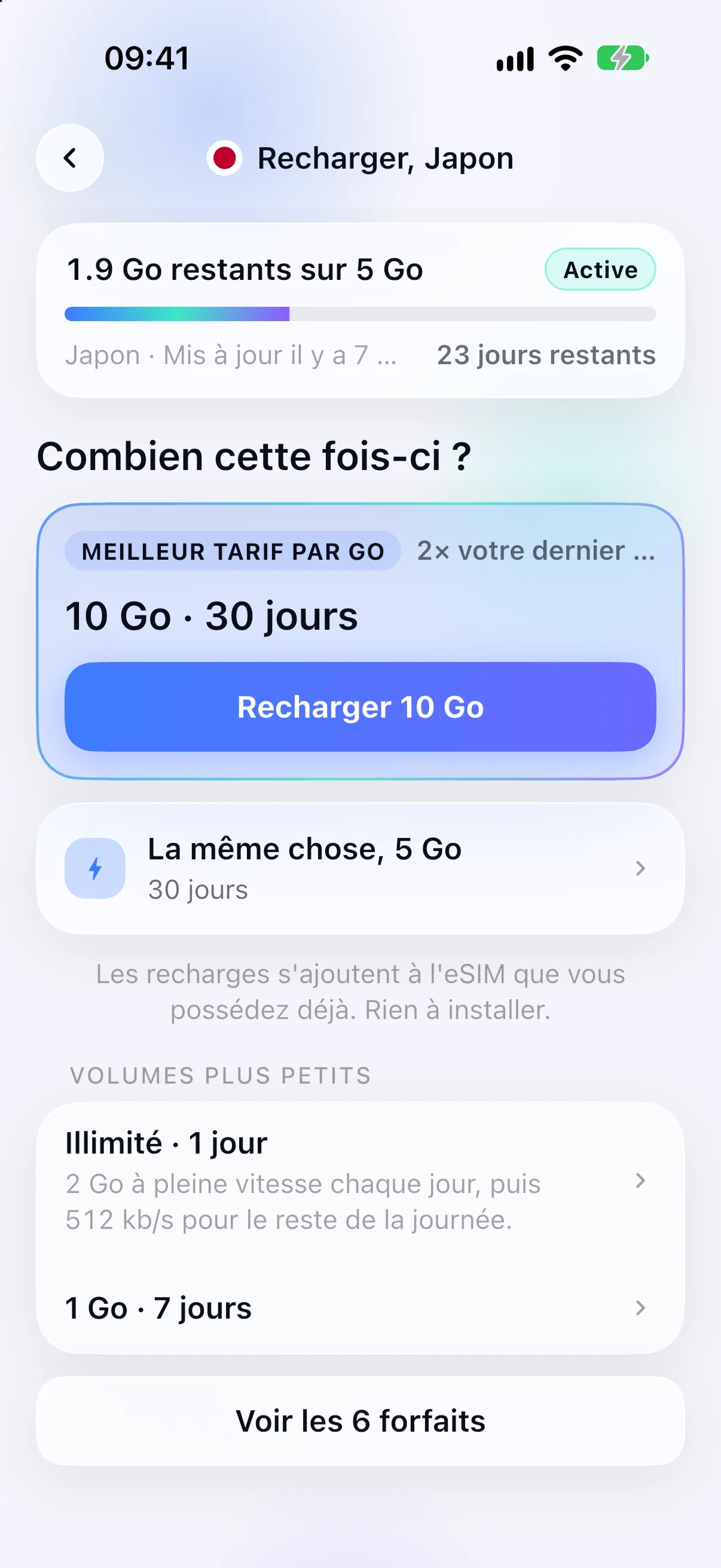 Options de recharge pour une eSIM déjà installée