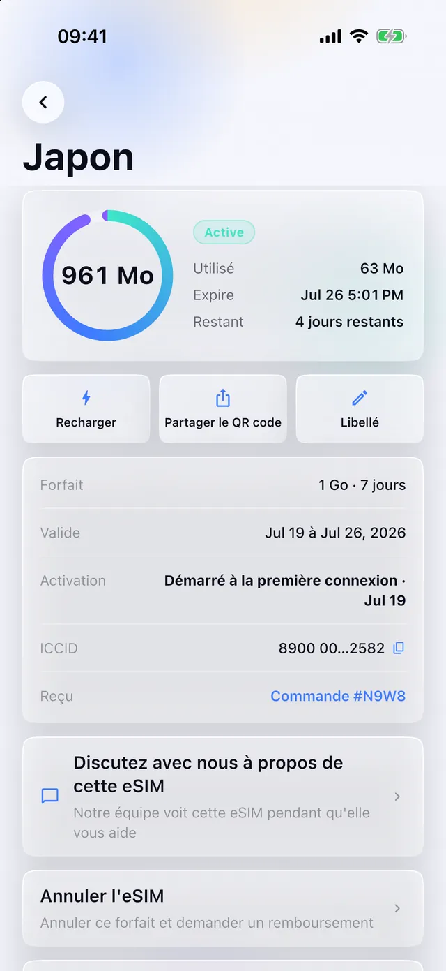 Consommation de données en direct pour une eSIM active dans l'application SimFuse