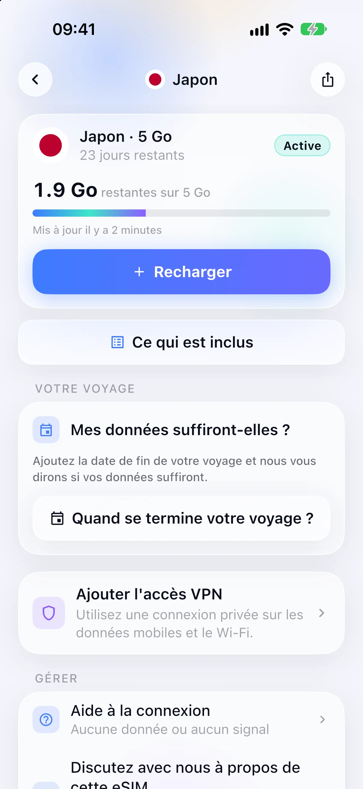 Données restantes sur une eSIM active dans l'application SimFuse