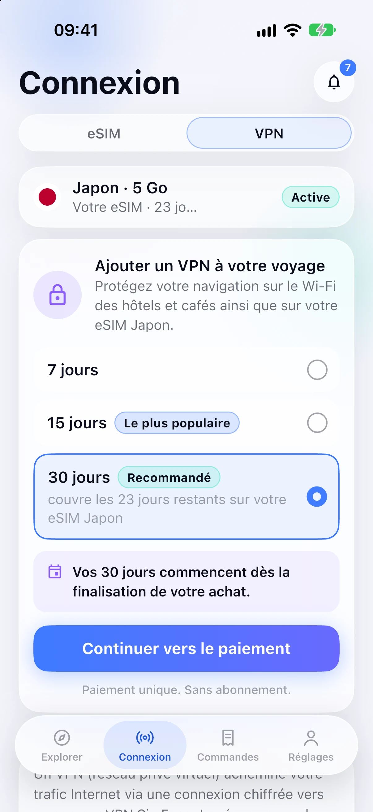 Ajout d'un VPN à une eSIM pour le Japon dans l'application SimFuse