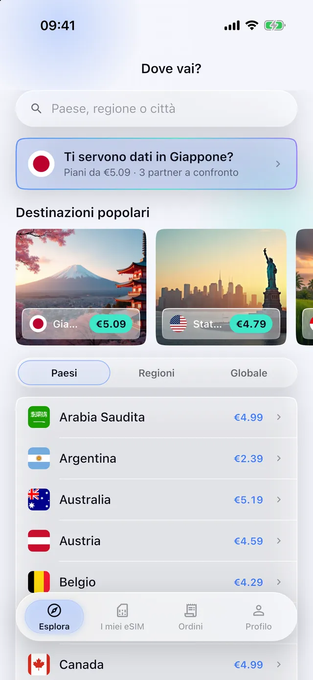 Esplorare i piani eSIM per paese nell'app SimFuse