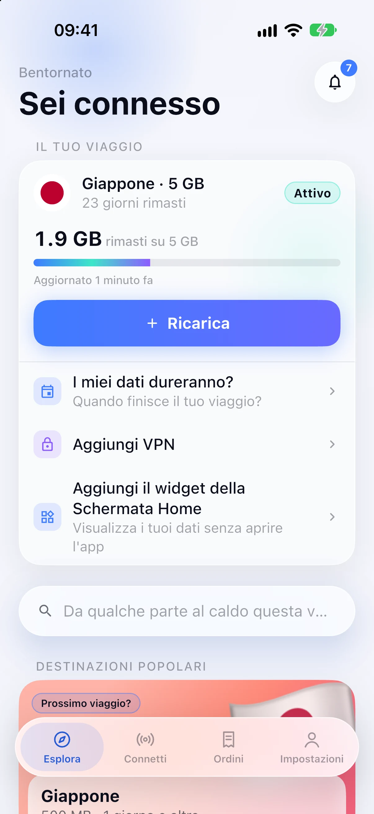 Ricerca destinazioni nell'app SimFuse