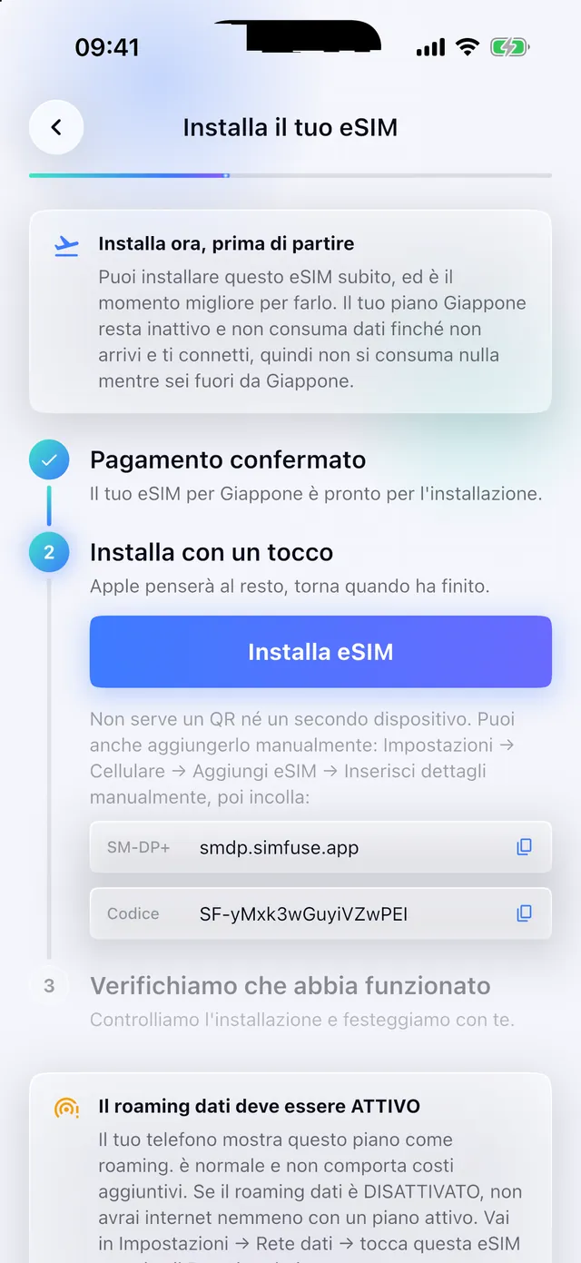 Installare una eSIM con un solo tocco nell'app SimFuse