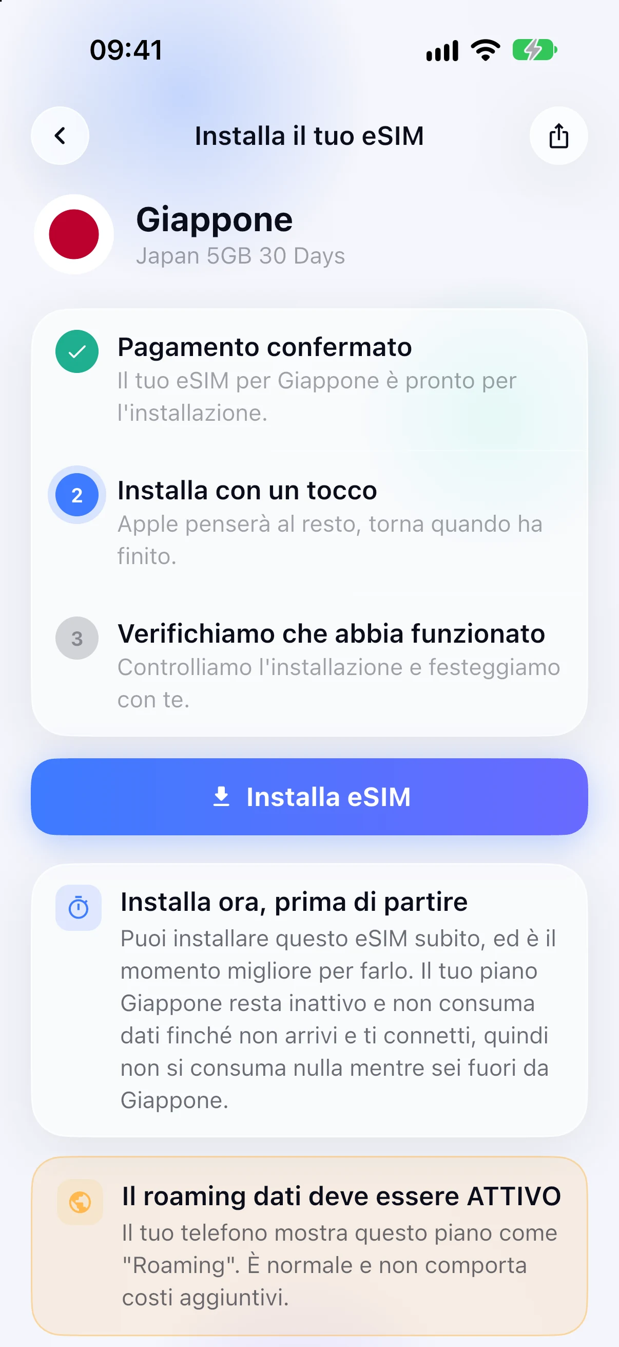 Installazione guidata della eSIM nell'app SimFuse