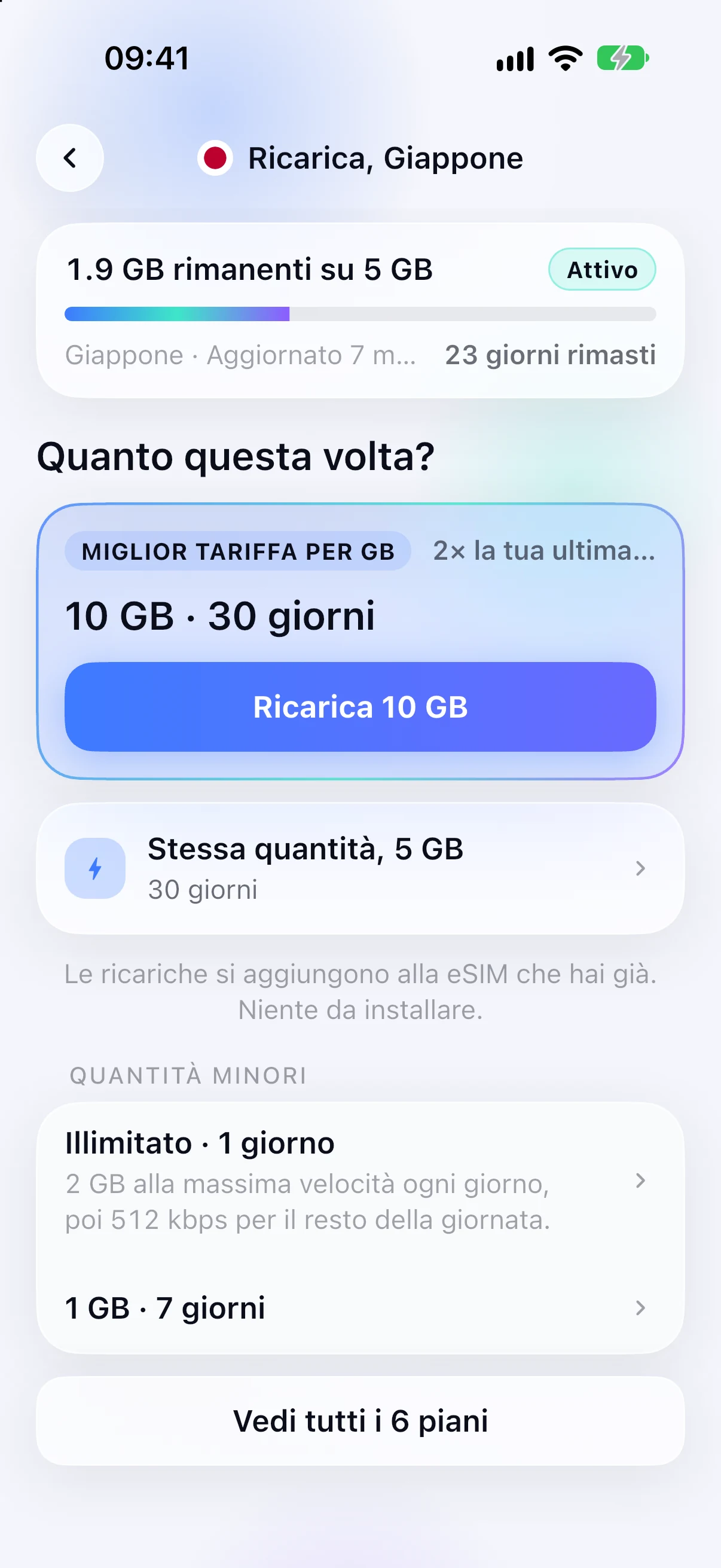 Opzioni di ricarica per una eSIM già installata