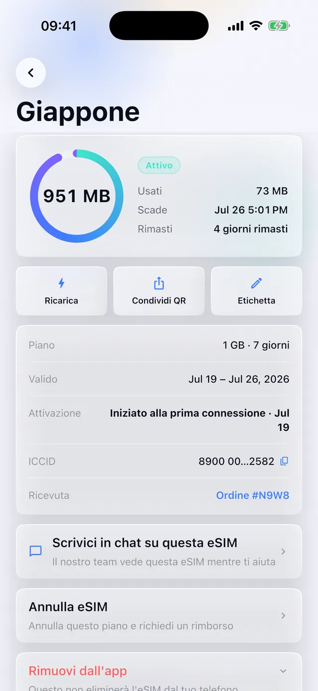 Utilizzo dei dati in tempo reale per una eSIM attiva nell'app SimFuse