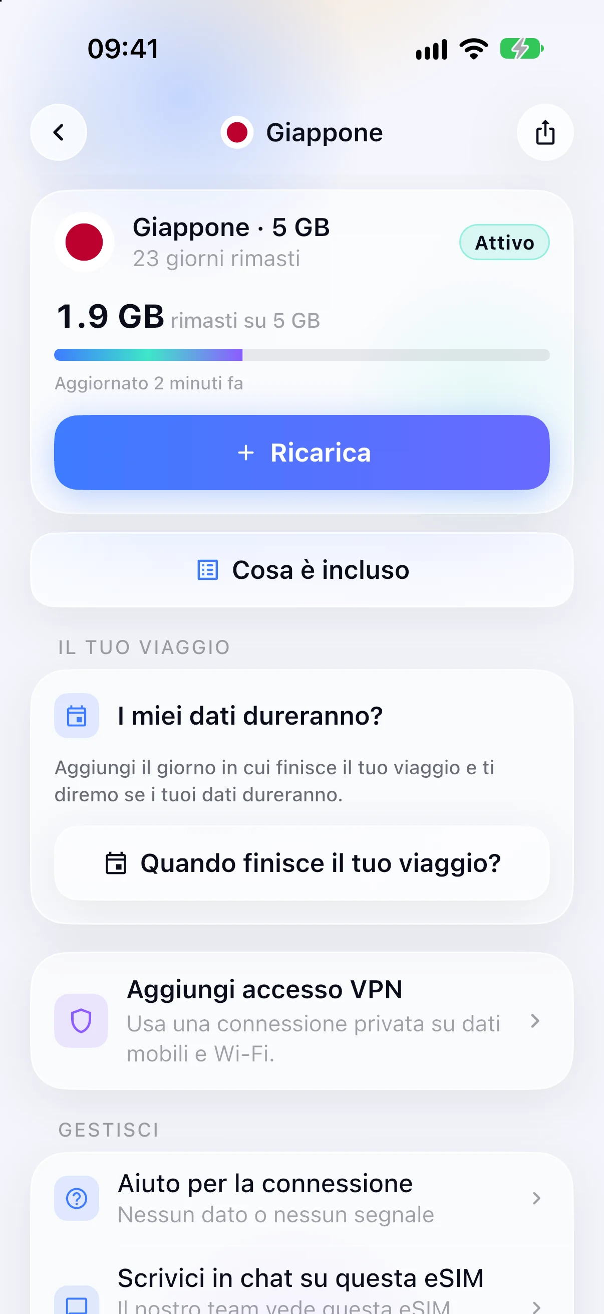 Dati residui su una eSIM attiva nell'app SimFuse