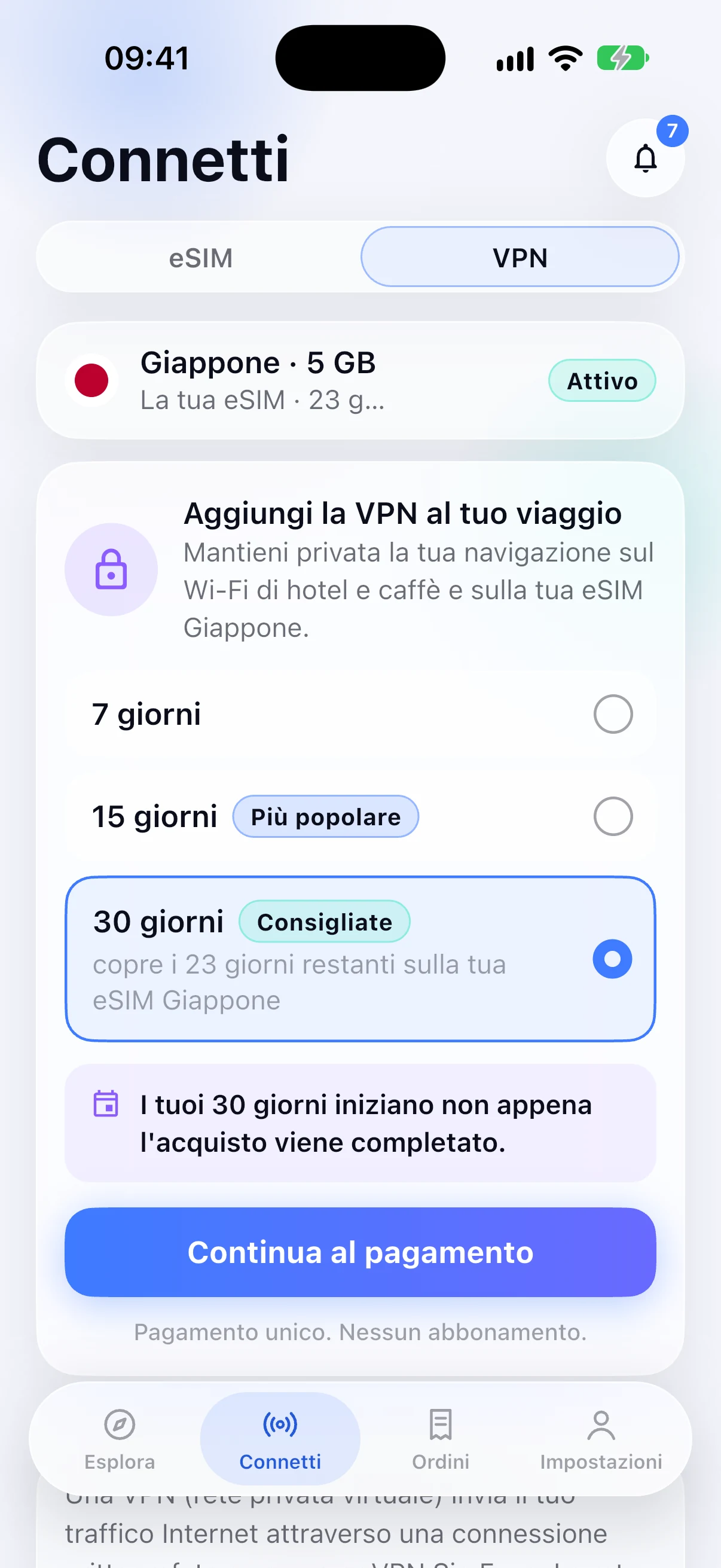 Aggiunta di una VPN a un'eSIM per il Giappone nell'app SimFuse